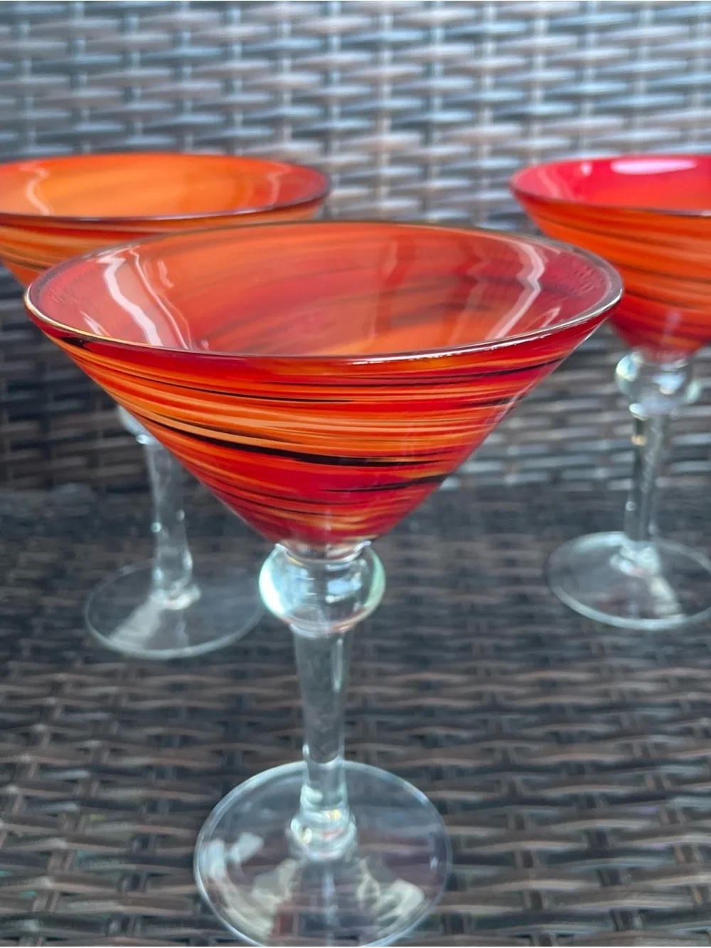 3 Pier 1 Hand Blown Red, Orange, Black Swirls Martini Margarita Glasses 7